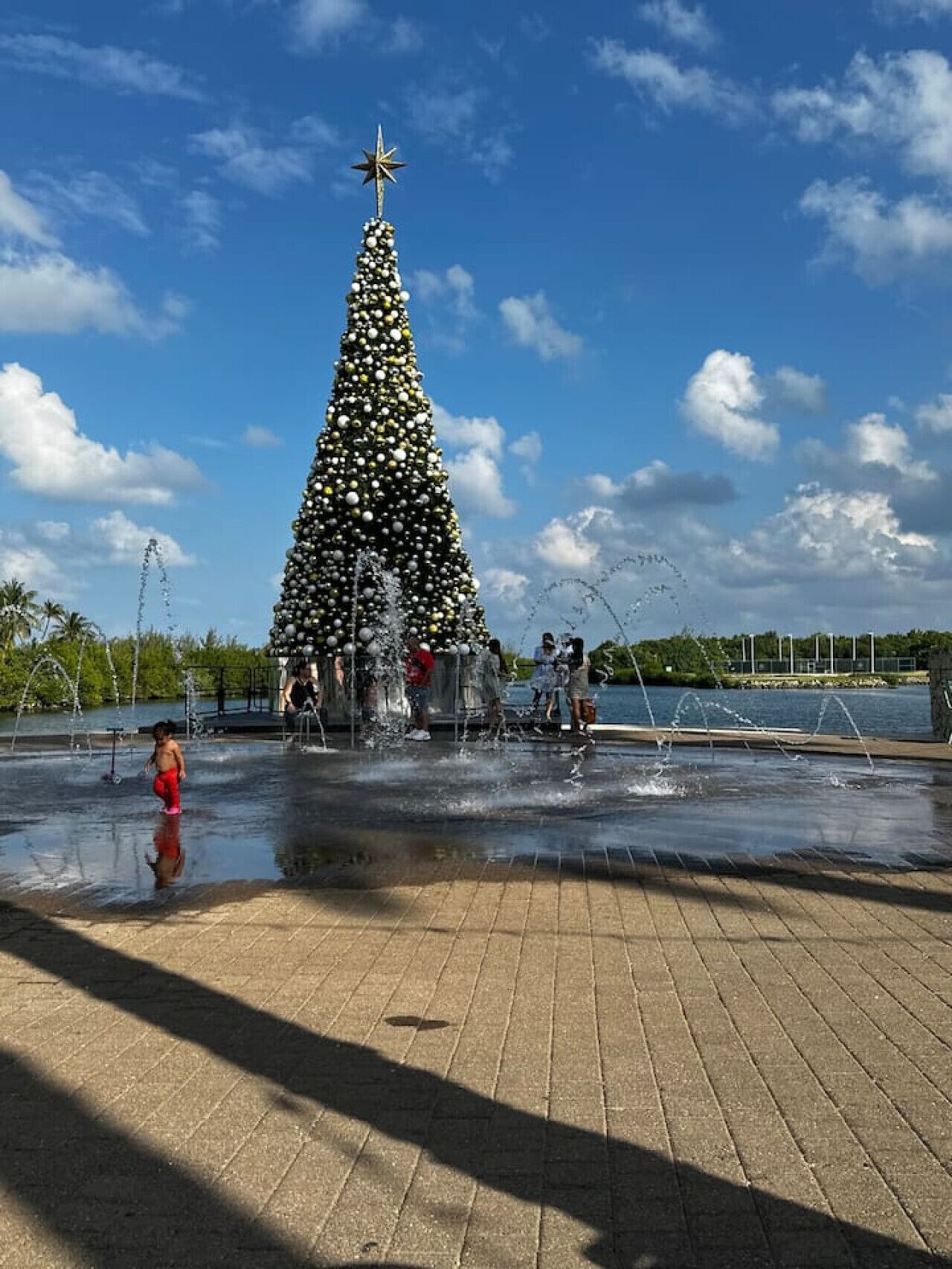 Zona de fuente de agua con una gran escultura de árbol de Navidad.