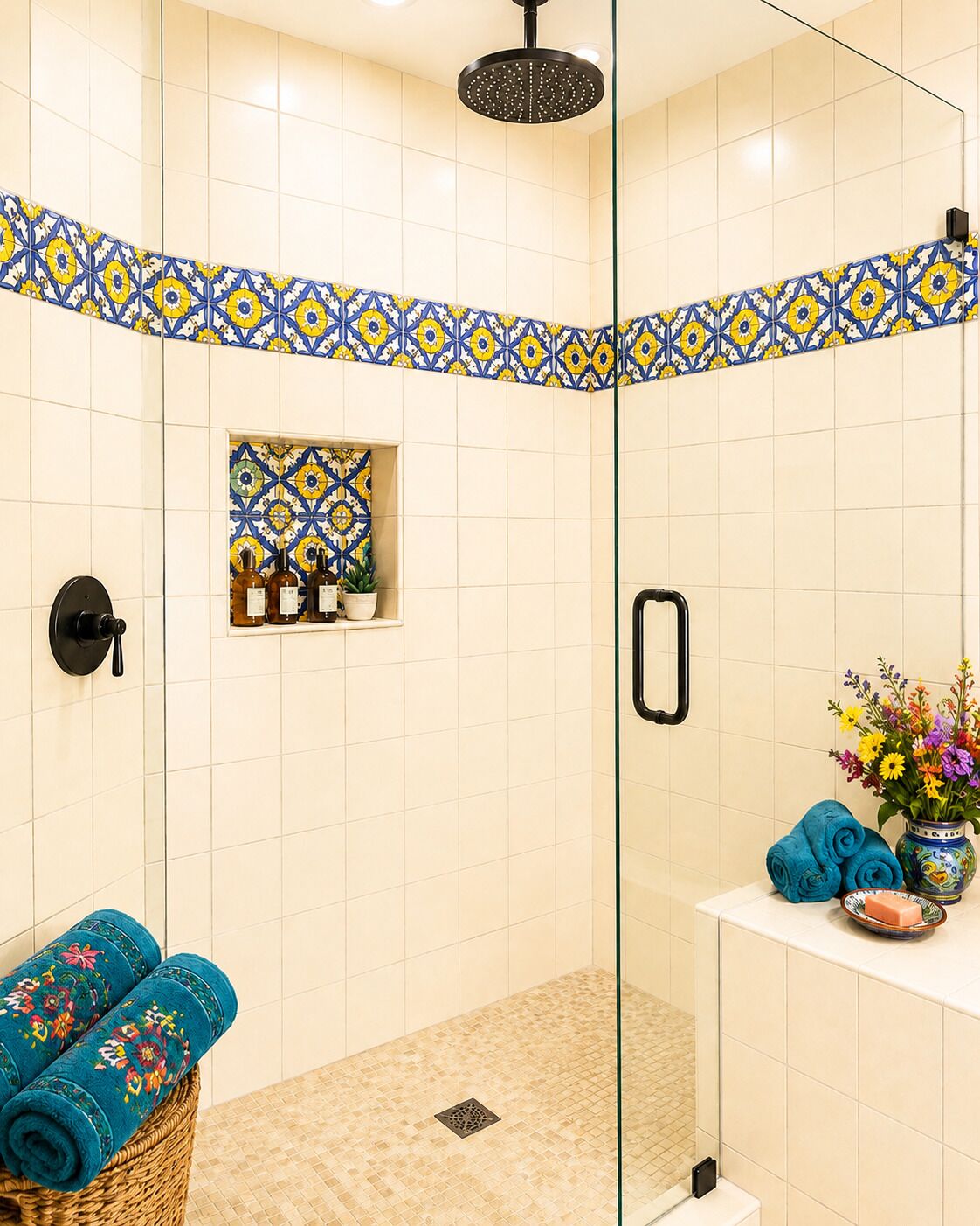 A bathroom with a glass shower enclosure, a sink with a vase of flowers, and a basket of towels.