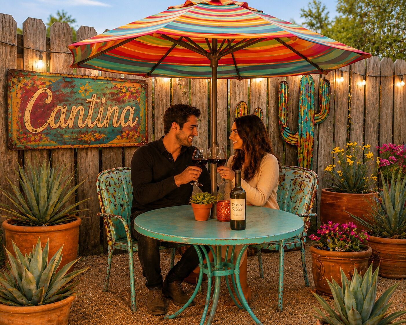 Deux personnes sont assises à une table ronde, une bouteille de vin devant elles, à l'ombre d'un parasol rayé aux couleurs vives. On aperçoit en arrière-plan une clôture en bois rustique et un panneau.