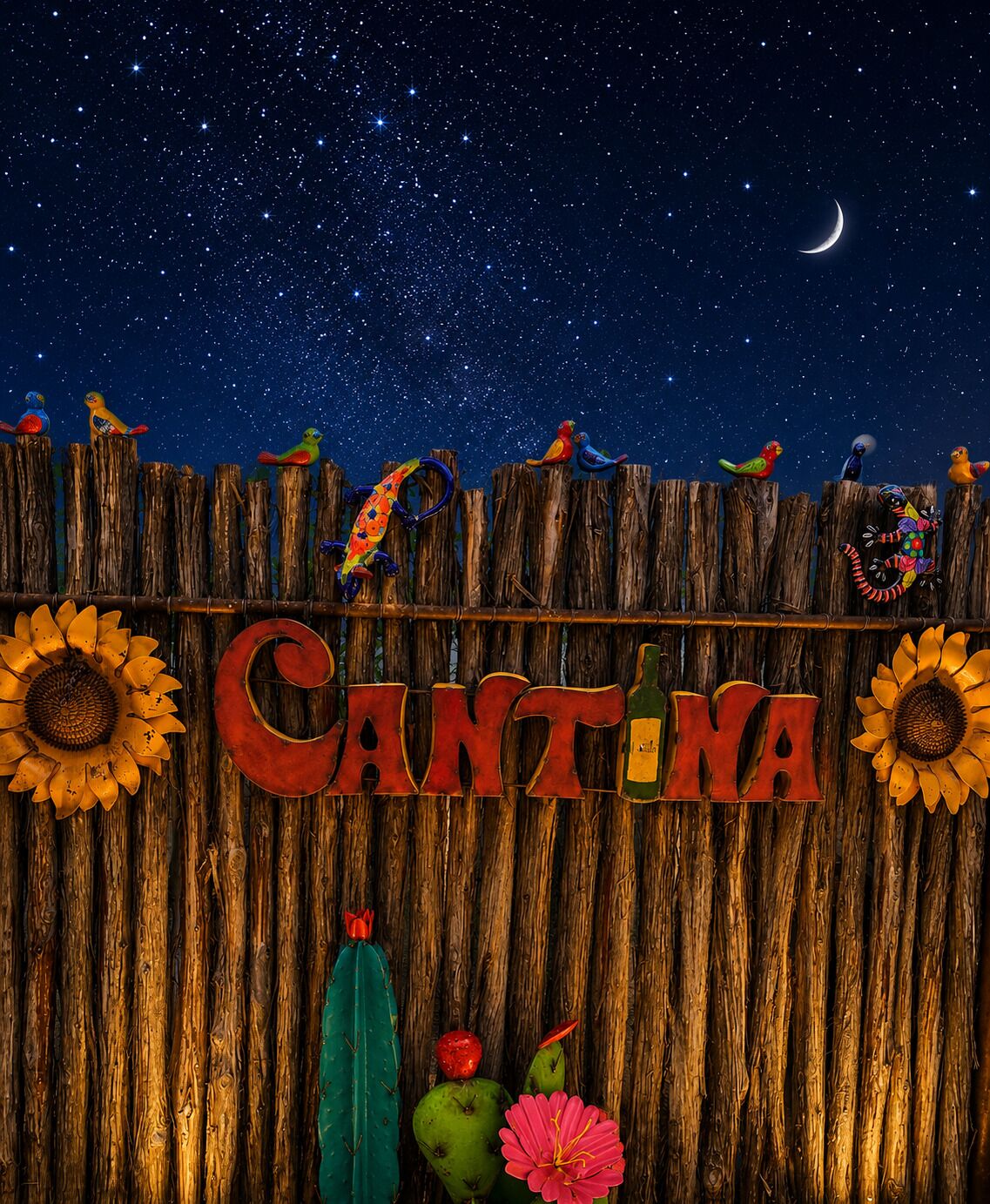 Een houten hek met de tekst 'CANTINA' in rode letters, versierd met kleurrijke vogels en zonnebloemen.
