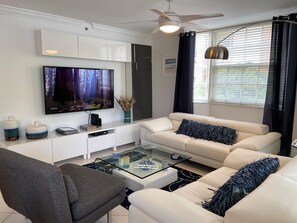 Smart TV, books, video library, stereo