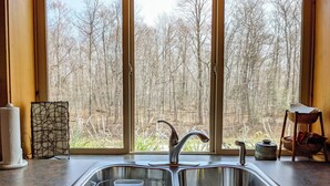 Una cucina con un lavello in acciaio inossidabile, una finestra vista foresta e un cesto sul bancone.