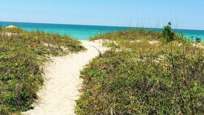 A sandy beach path leading to the ocean, surrounded by green vegetation. - WAKE UP TO THIS AMAZING VIEW - Large Balcony - New Kitchen & Bathroom (Indian Rocks Beach)