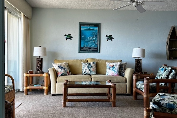 Living room with queen fold-out sofa.
