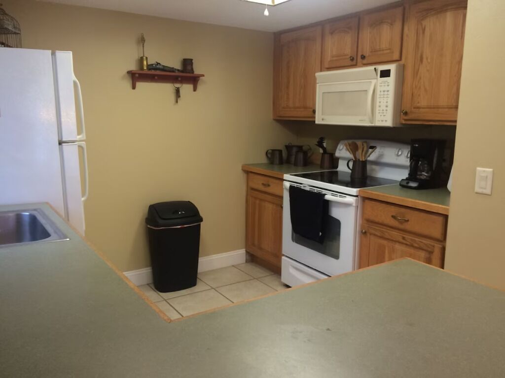 A compact kitchen with wooden cabinets, a white refrigerator, a microwave, and a stove.