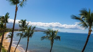 A beach with palm trees and a view of the ocean. - COMPLETELY REMODELED Sugar Beach Oceanfront Penthouse Sunset & Ocean View (Kihei)
