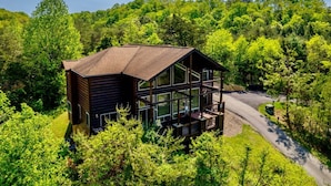 Une cabane en bois dotée d’un balcon en verre, entourée d’une forêt dense.