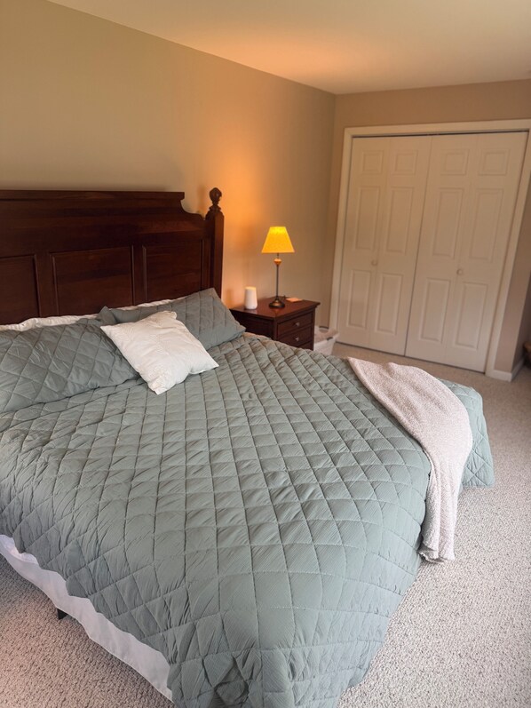 Un dormitorio con una cama grande, una mesita de noche con lámpara y una puerta cerrada.