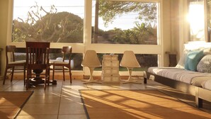 A sunlit room with a wooden floor, a sofa, a dining table with chairs, and large windows offering a view of greenery outside.