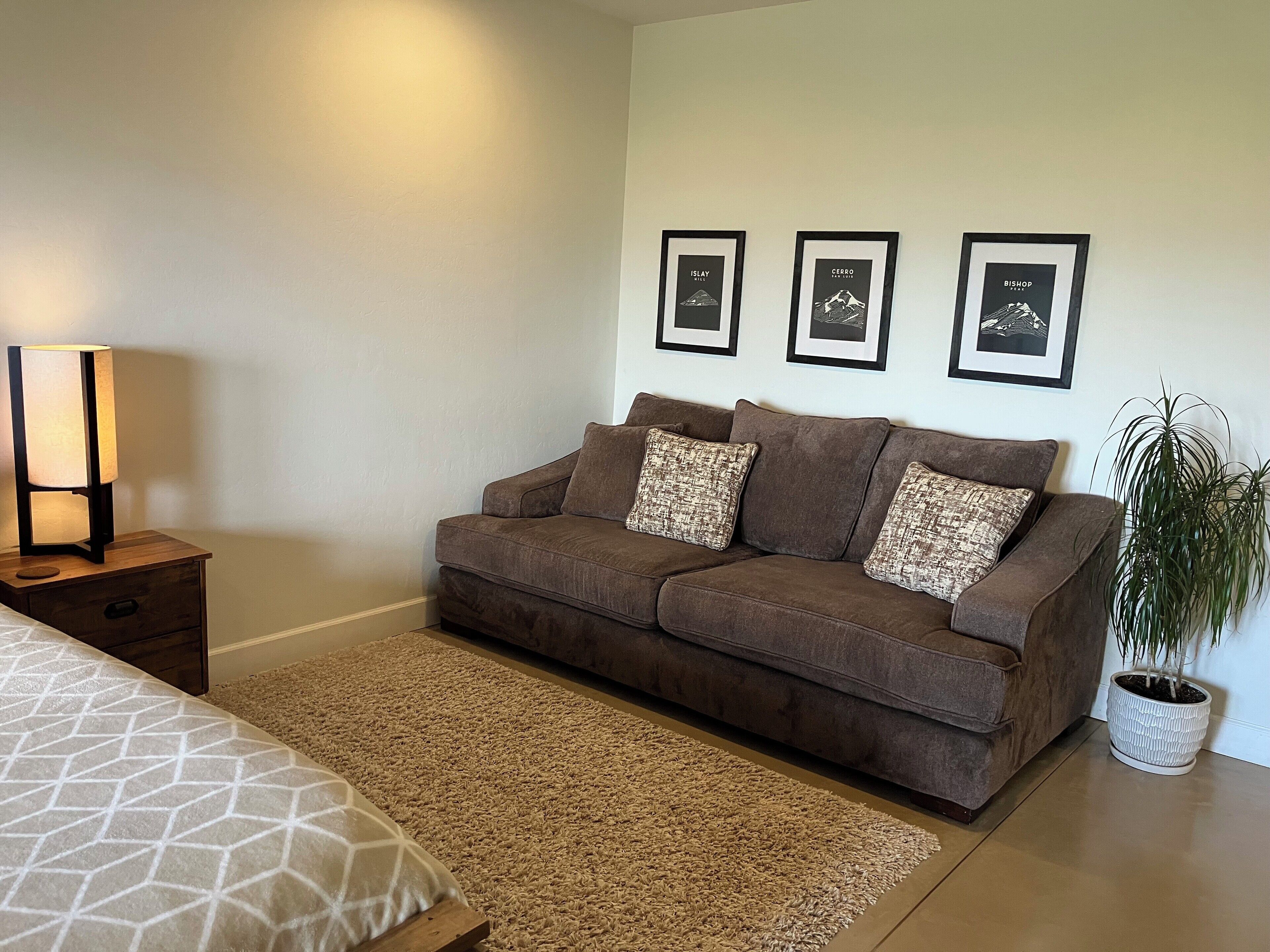 A bedroom with a brown sofa, a bedside table with a lamp, a bed with a patterned bedspread, and three framed pictures on the wall.