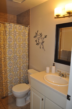 Combined shower/tub, hair dryer, towels
