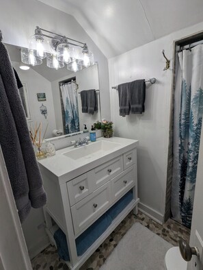 Eco-friendly toiletries, hair dryer, towels, soap