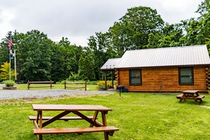 Outdoor dining - Rustic yet Modern Log Cabin, Cayuga Wine Trail, Dog Friendly, Open Year Round (Ovid)