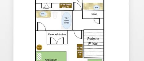 A 2nd floor layout with a king bed, twin-over-twin bunkbed, a double-over-double bunkbed with foam mattresses, a master walk-in closet, a 28" flat screen smart TV, a sink, a tub/shower combo, stairs to the 1st floor, and a balcony door.