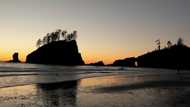 Een strand met rotsformaties en bomen die in silhouette verschijnen tegen een zonsondergang.