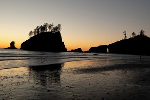 Una playa con formaciones rocosas y árboles silueteados contra un atardecer.