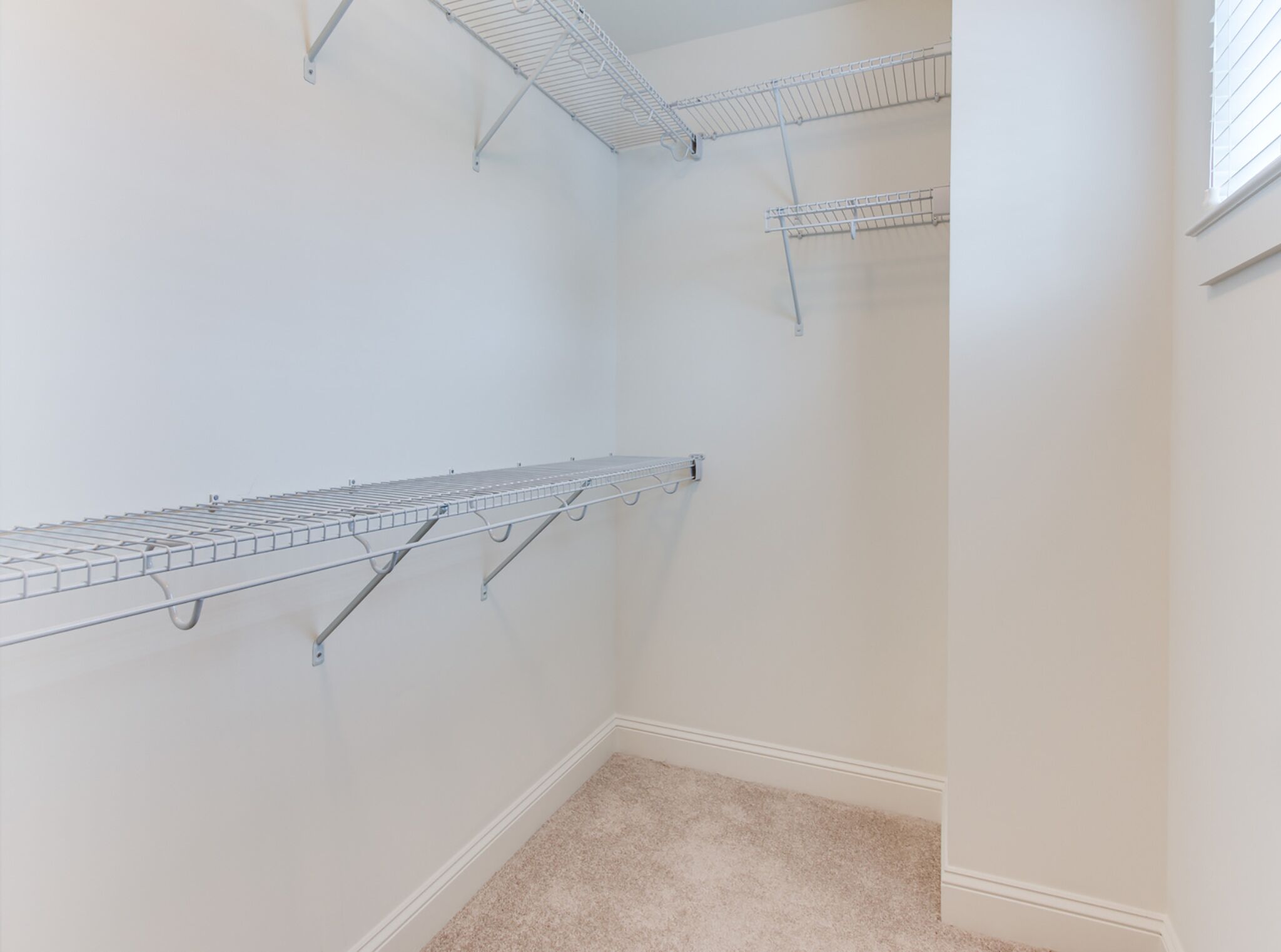 Un petit dressing vide, avec des étagères métalliques et un tapis beige.