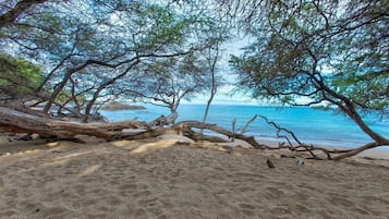 En la playa, sillas reclinables de playa, toallas de playa