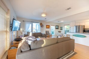 Smart TV, fireplace, music library
