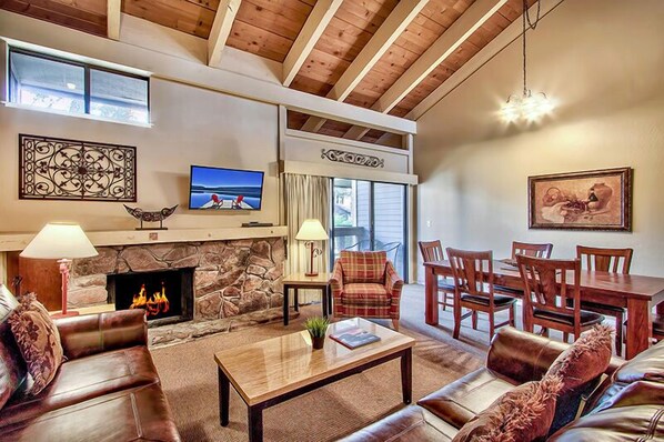 Smart TV, fireplace, DVD player, books