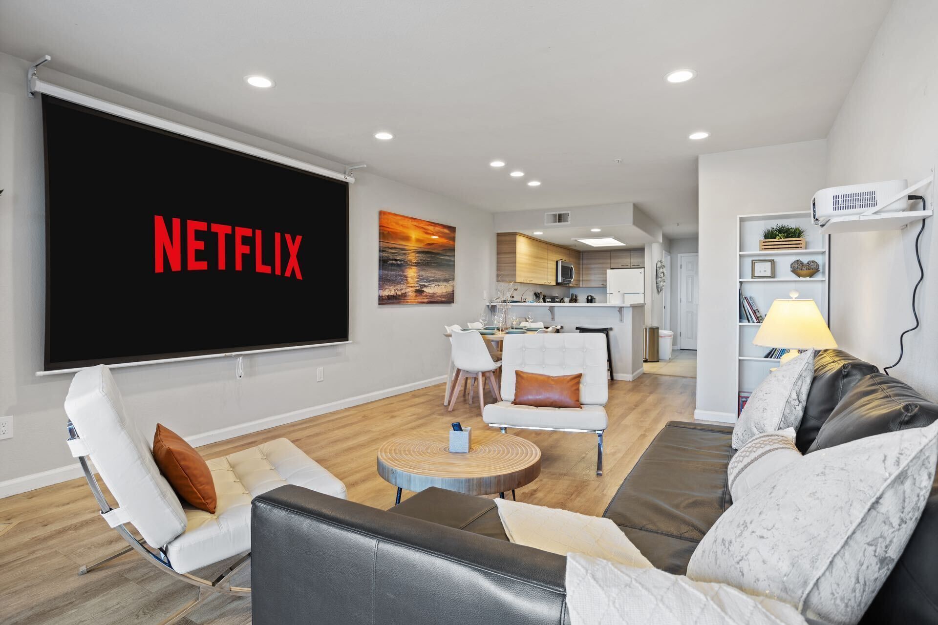 Smart TV, chimenea, reproductor de DVD y libros 