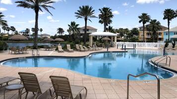 Outdoor pool, a heated pool, sun loungers