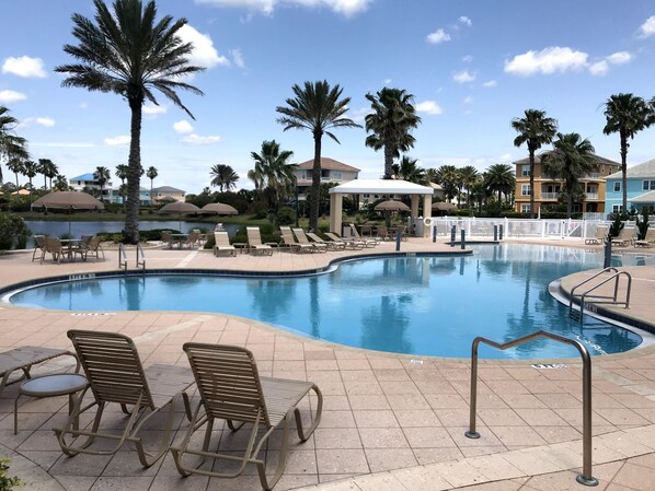 Outdoor pool, a heated pool, sun loungers