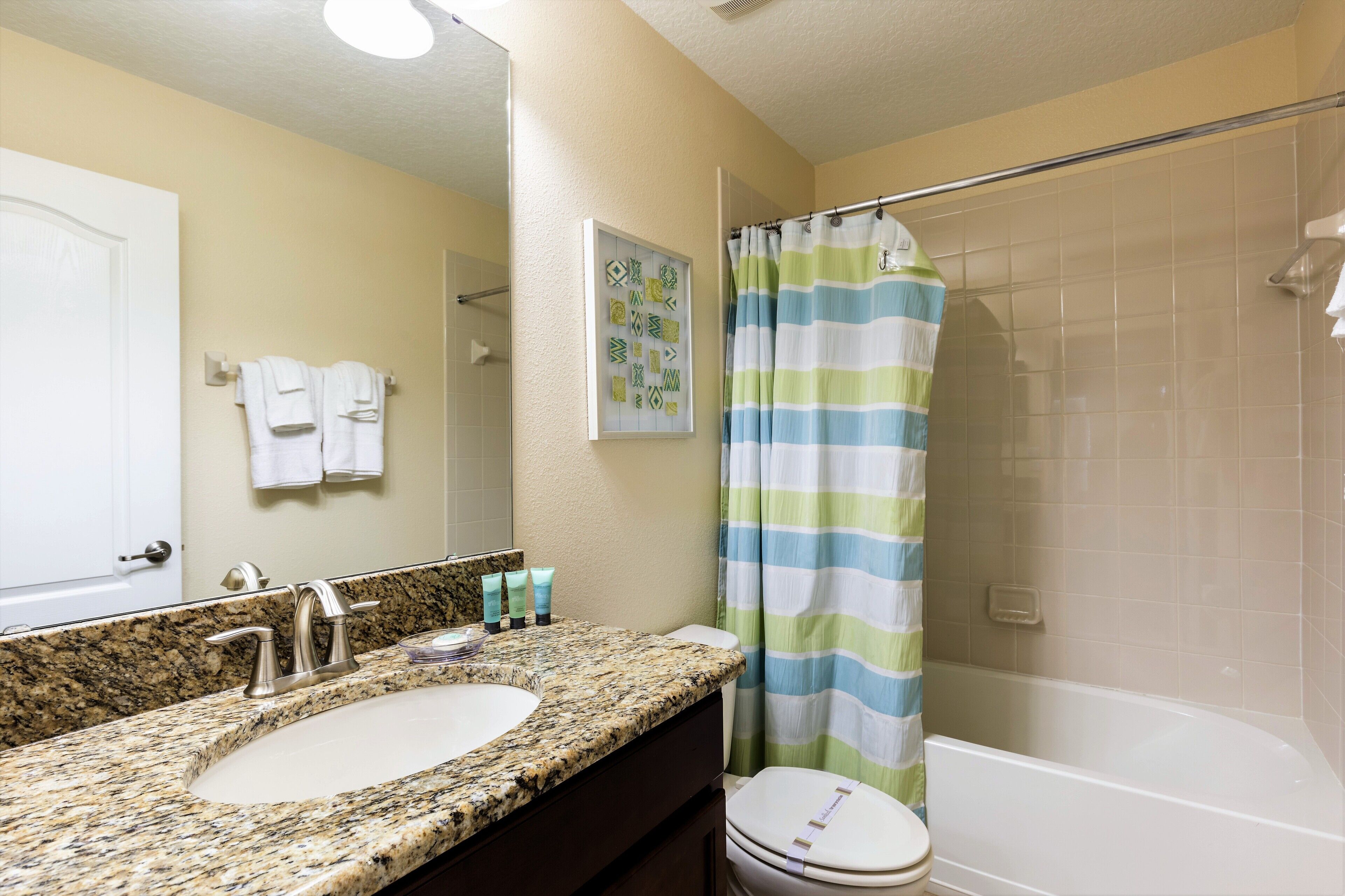 A bathroom with a granite countertop sink, a mirror, a shower curtain, and a toilet.