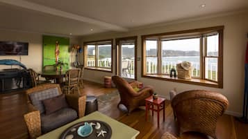 Smart TV, fireplace, DVD player, books