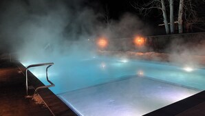 Opvarmet udendørs pool med damp, omgivet af en lav mur og træer.