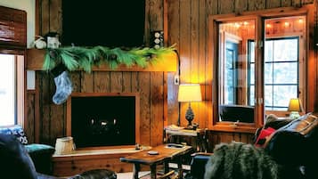Smart TV, fireplace, DVD player, books