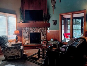 Smart TV, fireplace, books