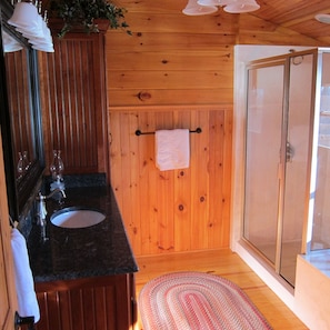 Bathtub, jetted tub, hair dryer, towels