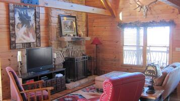 Fernseher, Kamin, DVD-Player, BĂŒcher