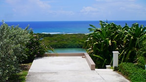A concrete pathway leading to a view of the ocean, surrounded by lush greenery and a white column. - Sailor's Rest, a Romantic and Luxurious Sanctuary  (Christiansted)