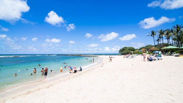 Una playa con agua azul cristalina, gente nadando y tomando el sol, y palmeras al fondo.