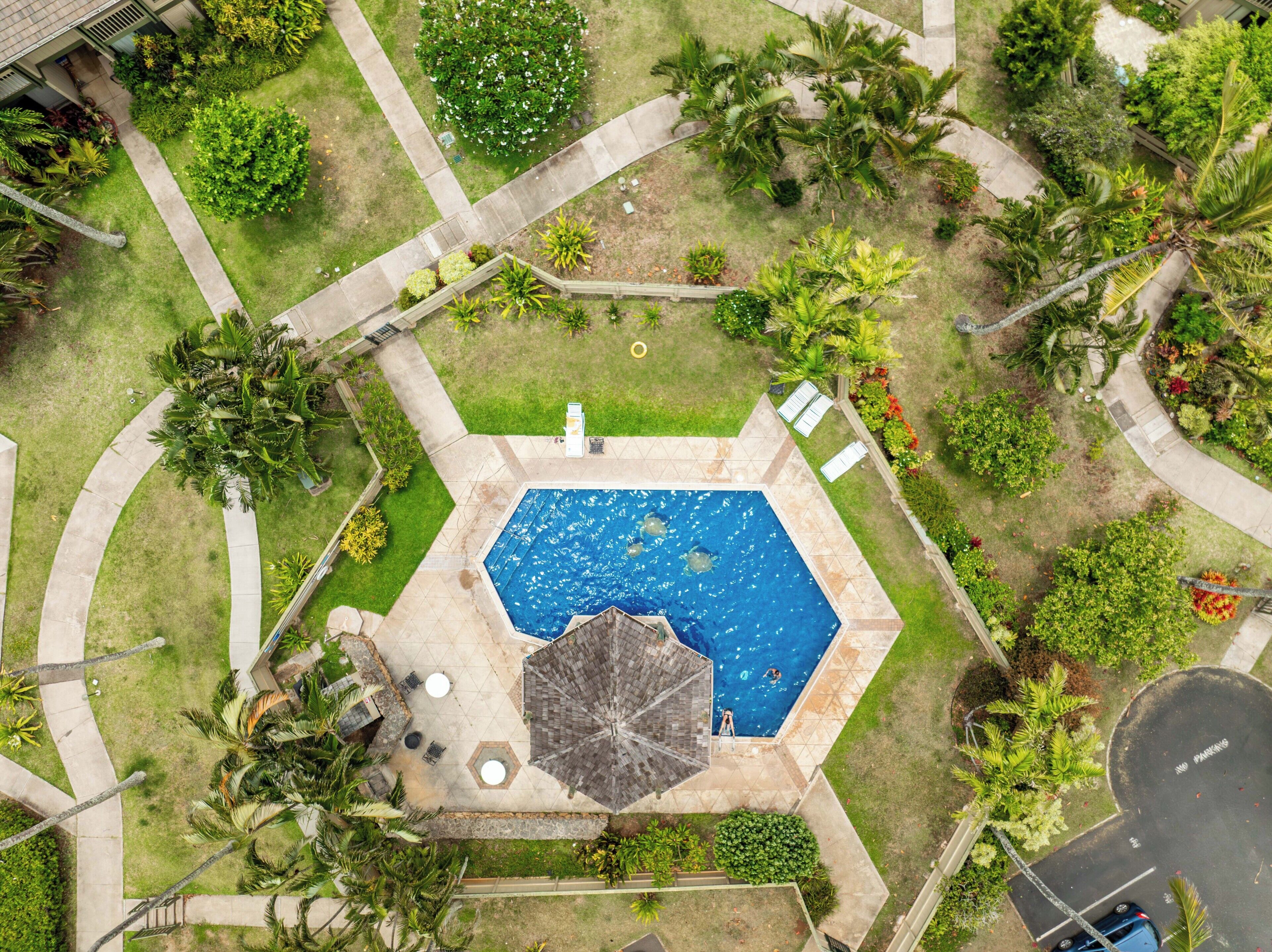 Vue aérienne d’une propriété résidentielle dotée d’une piscine, de mobilier de jardin et d’un espace vert environnant.