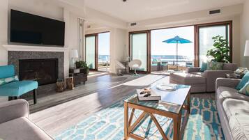 Smart TV, fireplace, DVD player, books