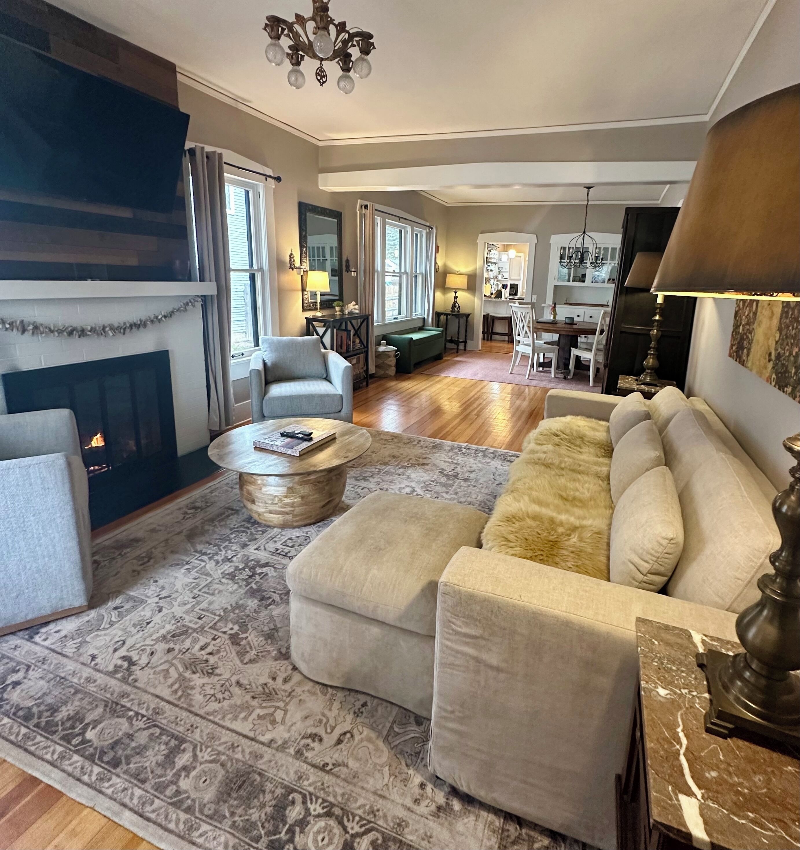 Smart TV, fireplace, books