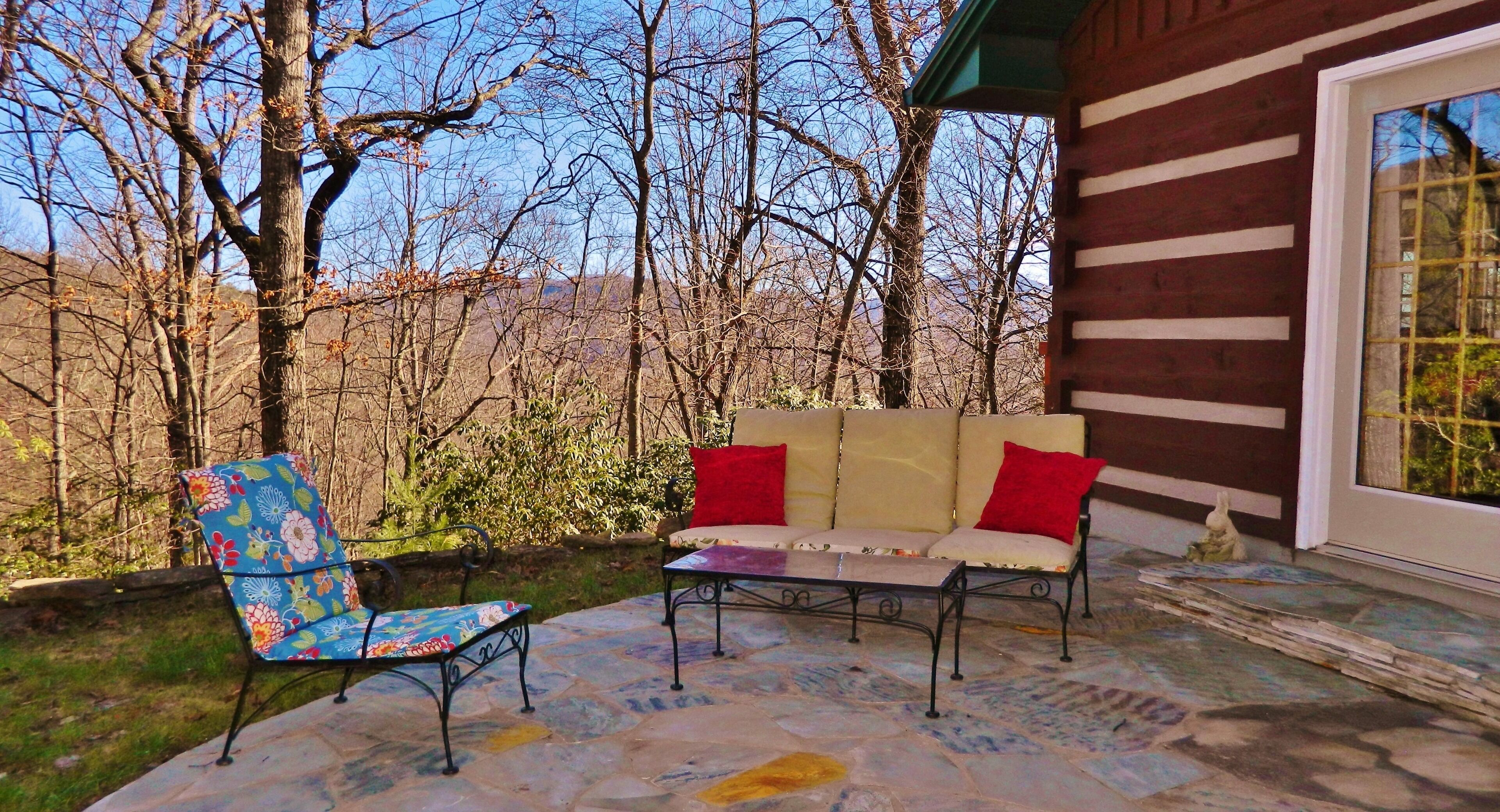Un patio con un sofá y una silla, suelo de piedra y una cabaña de madera al fondo.