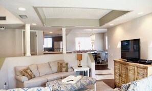 Smart TV, fireplace, books