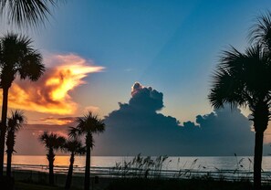 A beach scene with palm trees and a sunset. - Romantic  Condo,  Gated Pawley’s! Professionally cleaned every time! (Pawleys Island)