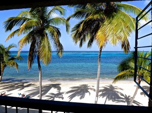 On the beach, sun-loungers, beach towels