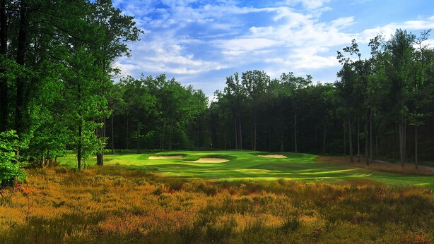 Hyvin hoidettu golfkenttä, jossa on vihreä nurmialue, hiekkabunkkereita ja metsäinen tausta.