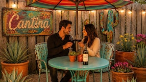 Deux personnes sont assises à une table ronde, une bouteille de vin devant elles, à l'ombre d'un parasol rayé aux couleurs vives. On aperçoit en arrière-plan une clôture en bois rustique et un panneau.
