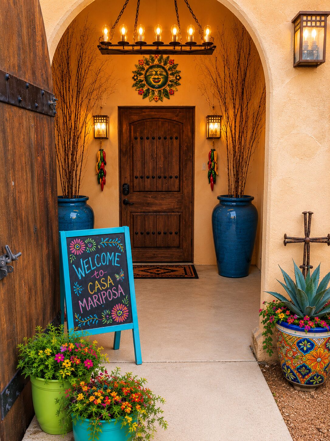 A wooden door with a welcome sign, potted plants, and a decorative wall hanging.