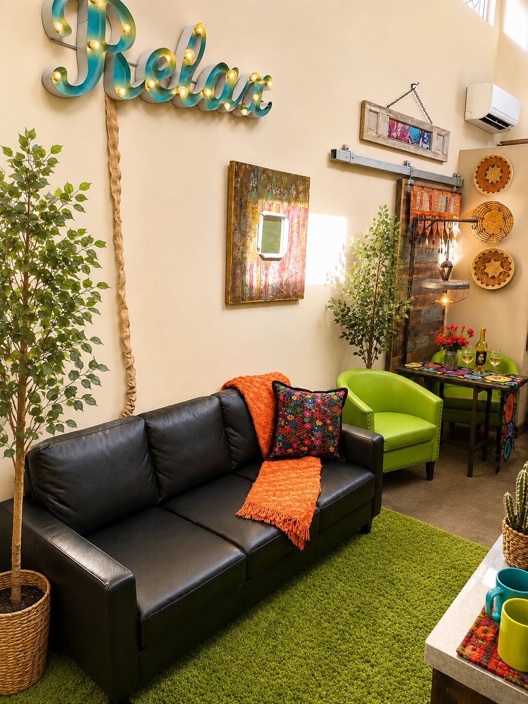 Flat-screen TV, DVD player, books, video library