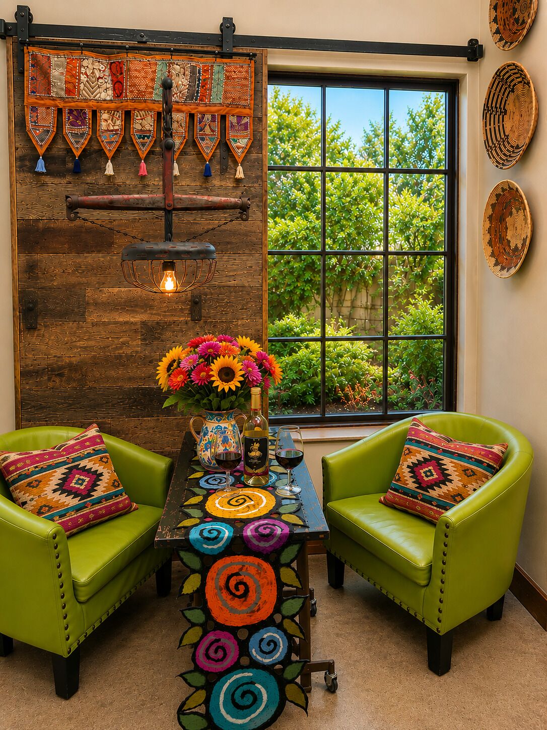 Una habitación con dos sillones de cuero verde, una pared de madera con un tapiz colgado, una mesa con un centro de mesa floral y una ventana con vistas a la vegetación.