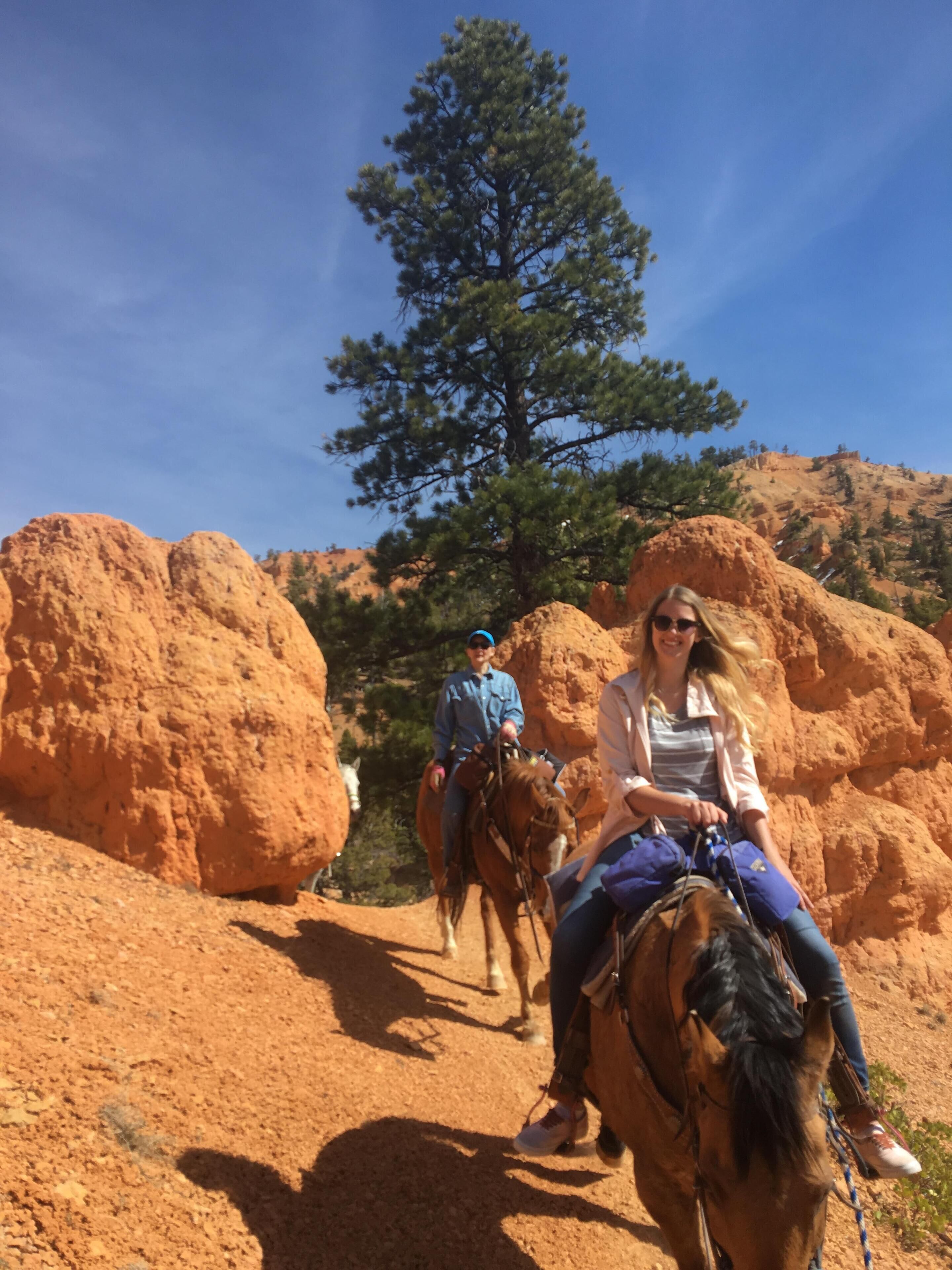 A person riding a horse on a dirt path with red rock formations and a pine tree in the background.