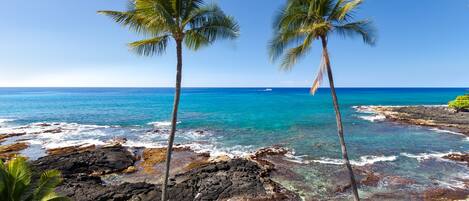 On the beach, sun-loungers, beach towels